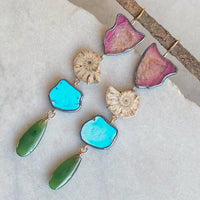 Pink Tourmaline, Ammonite, Golden Hills Turquoise, and Jade Earrings